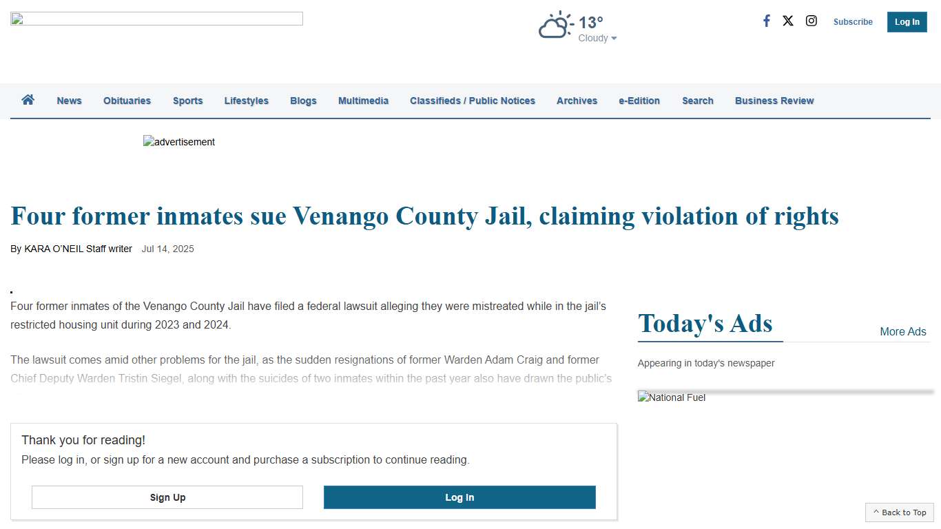 Four former inmates sue Venango County Jail, claiming violation of rights Front Page thederrick.com